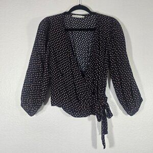 Abercrombie & Fitch Cropped Faux Wrap Blouse Teen Medium Black Floral V Neck